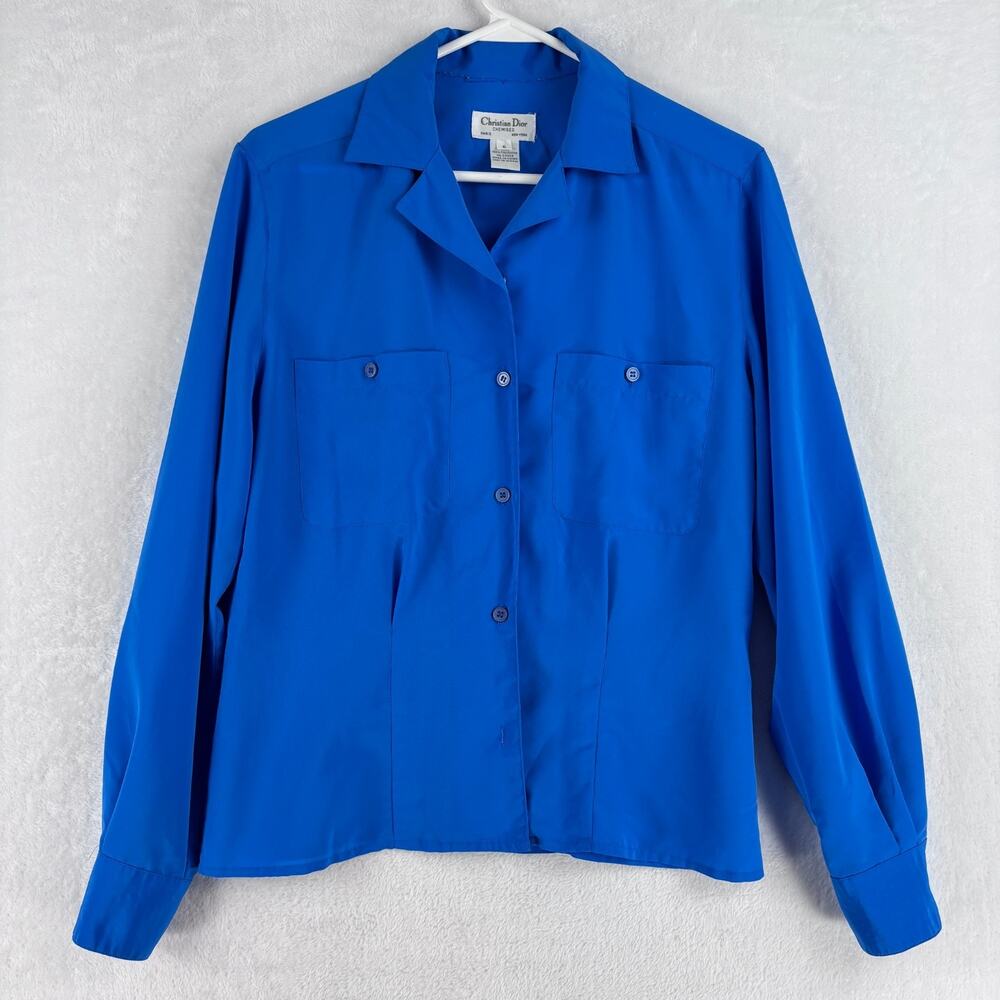 Christian Dior Chemises Vintage Blue Button Down Blouse Long Sleeve Size 6 Flaw